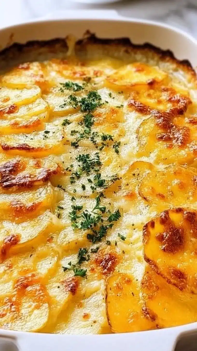 Easy Cheesy Scalloped Potatoes Recipe 1 Delicious cheesy scalloped potatoes topped with golden brown cheese