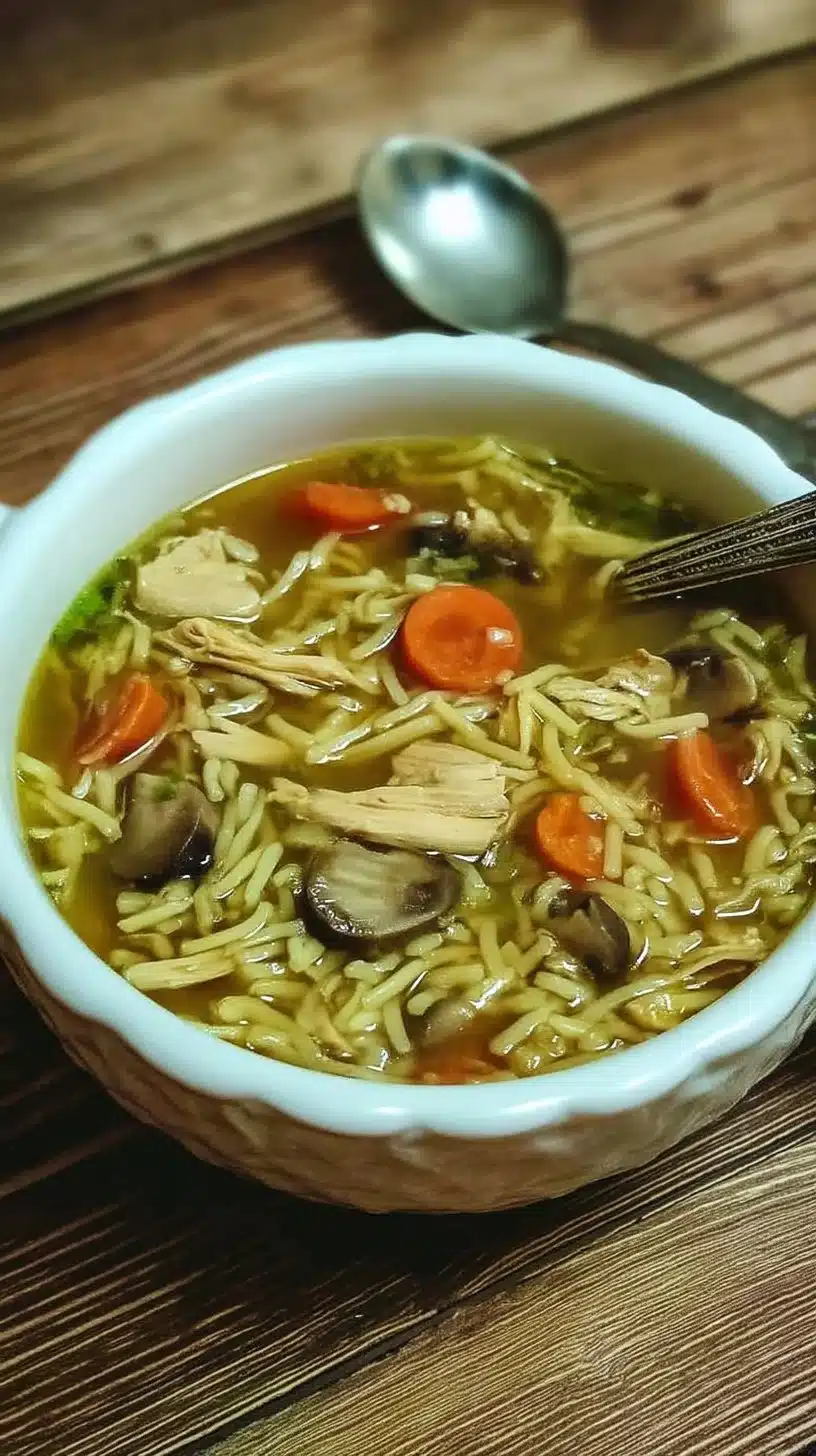 Easy Chicken, Rice, and Noodle Soup 1 Bowl of easy chicken noodle soup with rice and vegetables