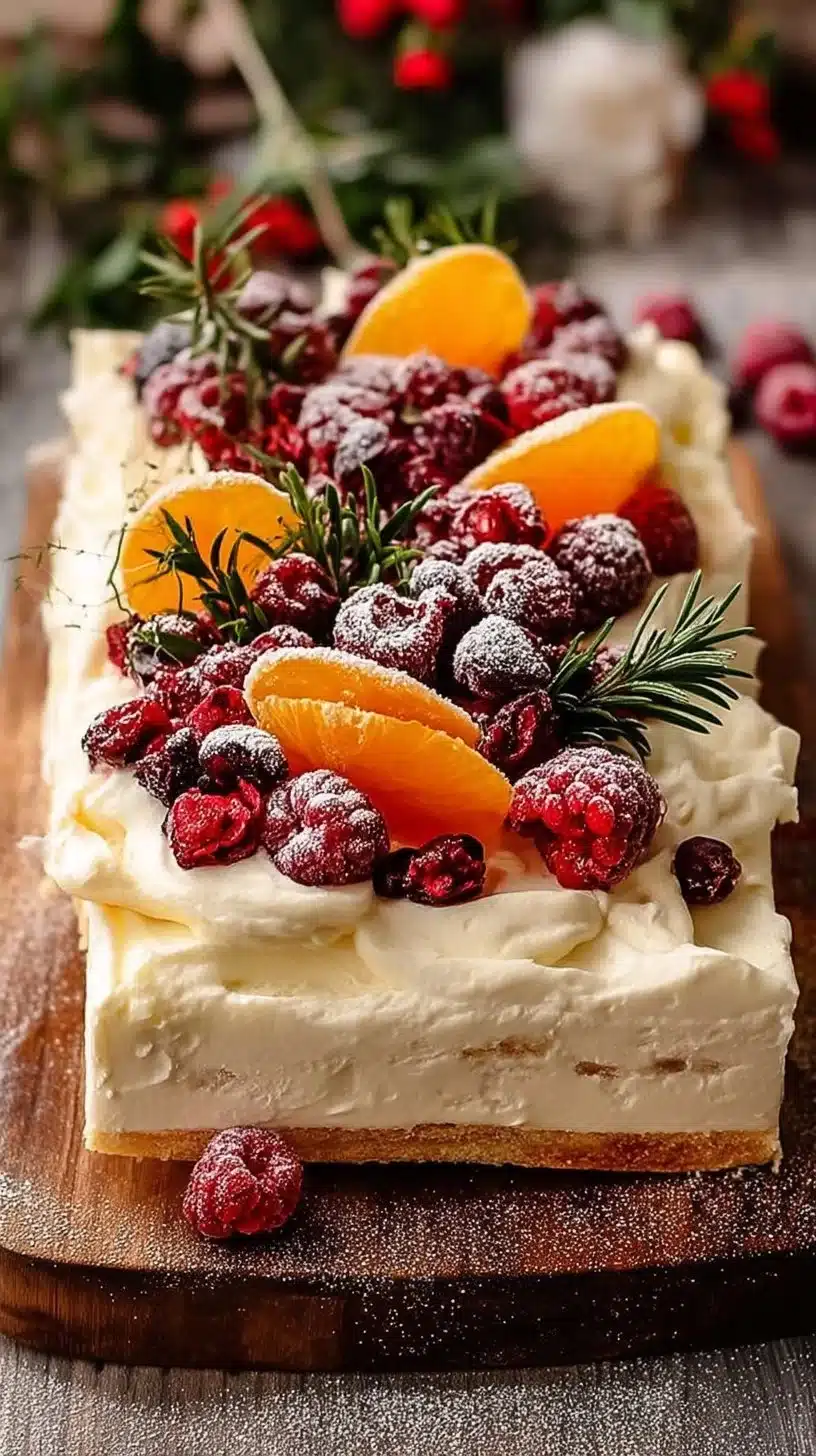 Easy Christmas Cheesecake Slab - No Bake! 1 No bake Christmas cheesecake slab, decorated with festive toppings