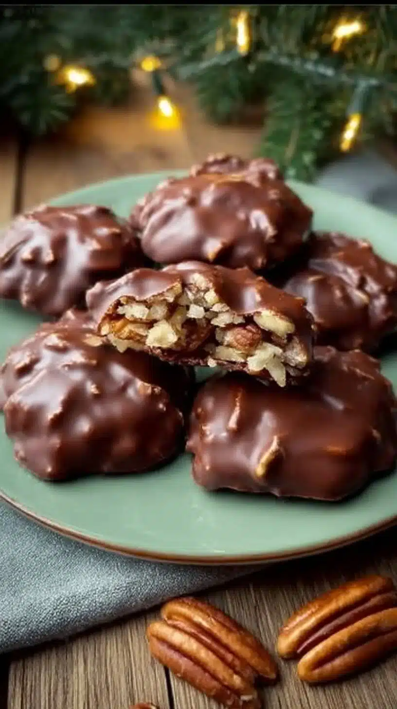 Homemade Easy Christmas Pecan Turtles on a festive plate