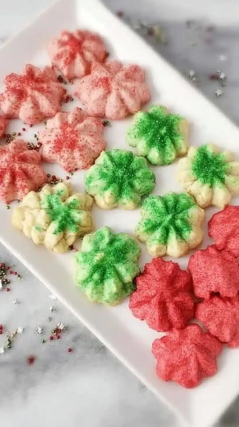 Easy Christmas Spritz Cookies 1 Batch of colorful Christmas Spritz Cookies arranged on a festive platter.