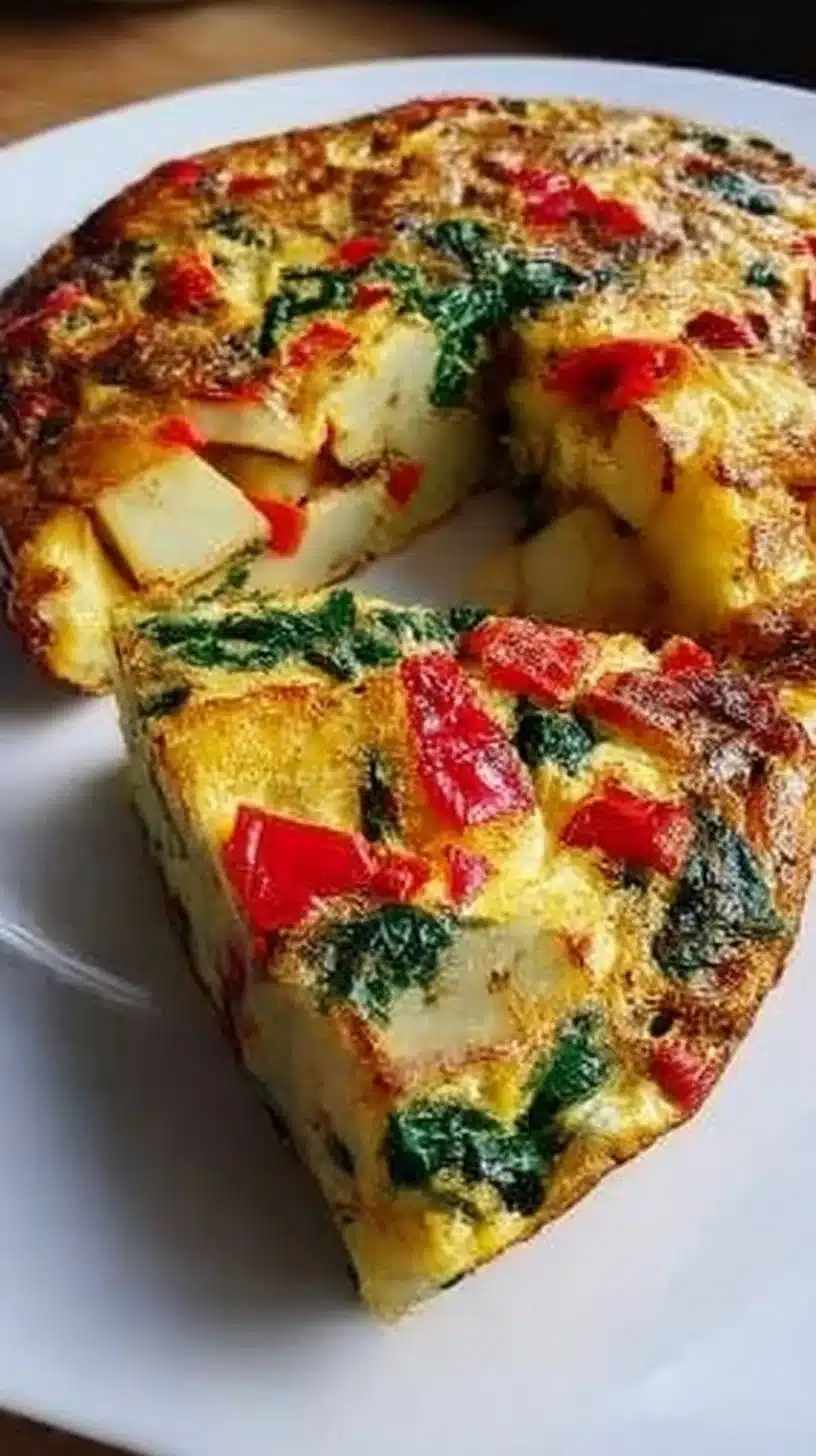 Easy Frittata with Potatoes, Red Peppers, and Spinach 1 Easy frittata with potatoes, red peppers, and spinach served on a plate.