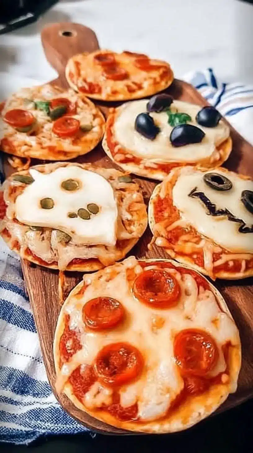 Easy mini Halloween pizzas decorated for a spooky festive celebration