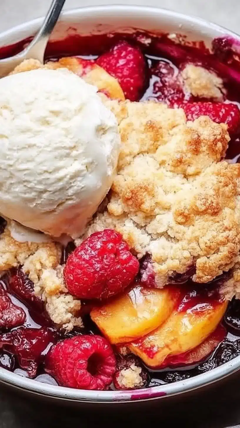Easy peach raspberry cobbler fresh from the oven, golden brown and delicious.