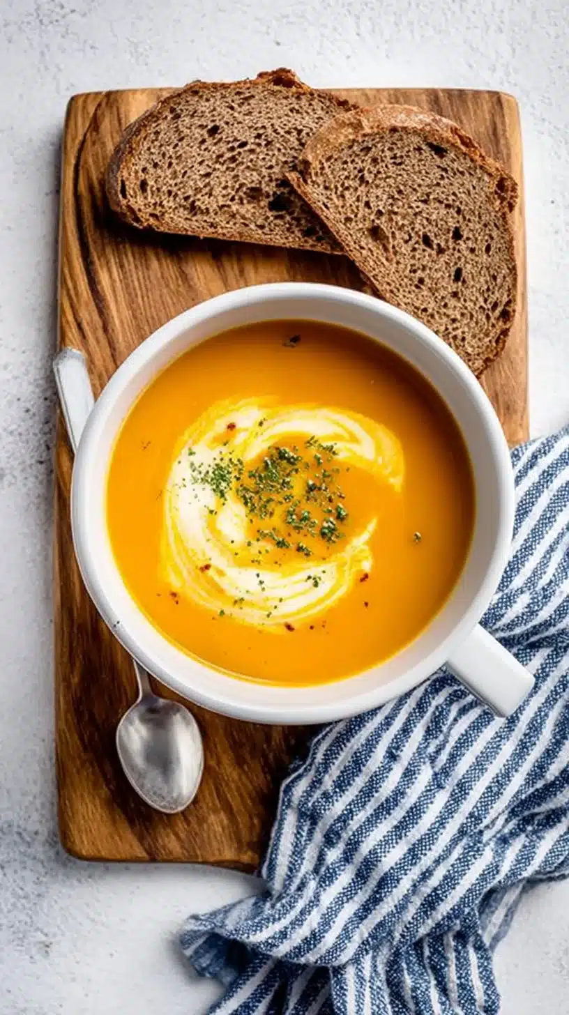 Easy Pumpkin Soup 1 A bowl of creamy easy pumpkin soup garnished with herbs.