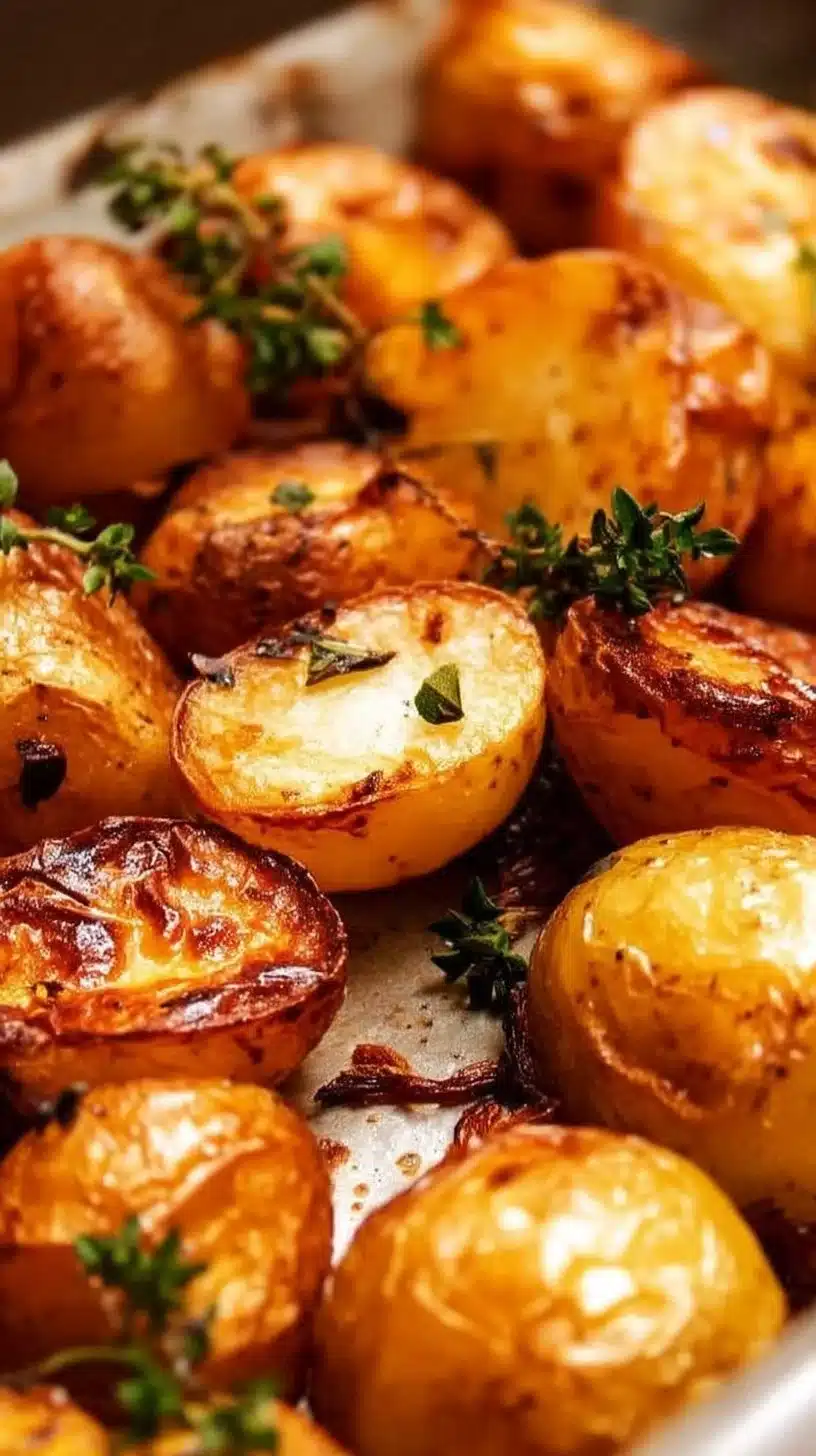 Easy Roast Potatoes 1 Plate of easy roast potatoes, crispy and golden brown, garnished for serving