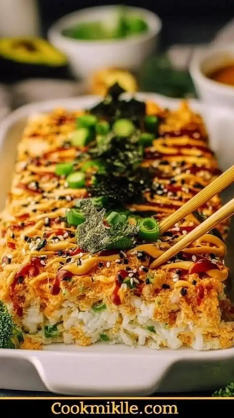 Easy Sushi Bake 1 Delicious easy sushi bake dish topped with seaweed and fresh ingredients.