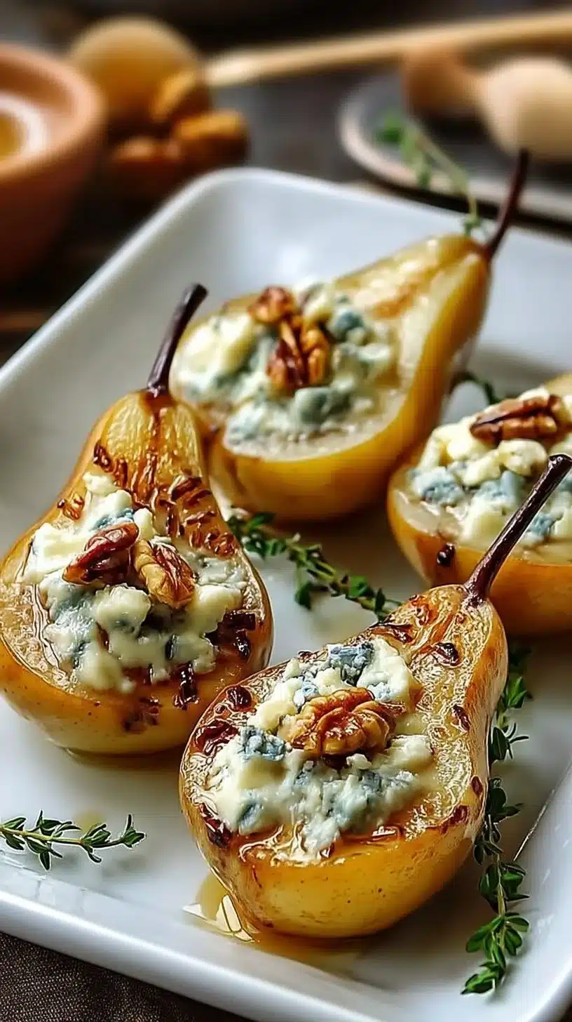 Elegant blue cheese stuffed pears served on a parchment plate