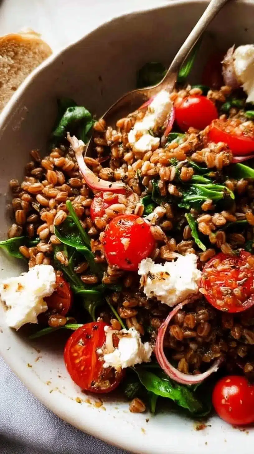 Farro Salad with Sizzled Garlic Dressing 1 Farro Salad with Sizzled Garlic Dressing in a bowl garnished with herbs.
