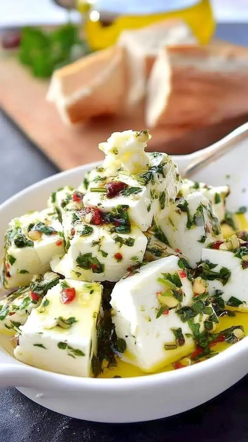 Feta Cheese Marinated with Herbs and Chili 1 Feta cheese marinated with fresh herbs and chili flakes in a dish