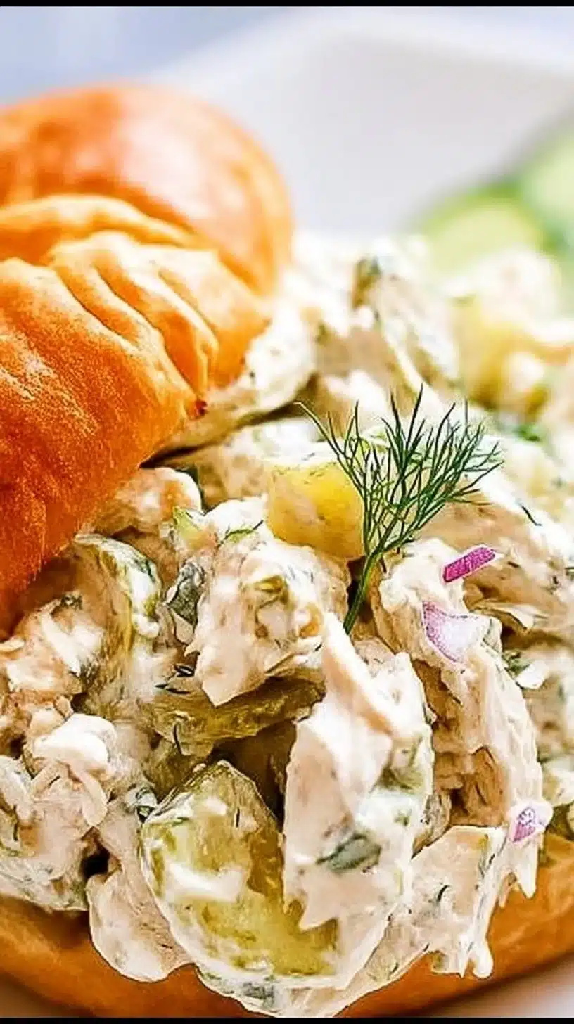 Flavored Dill Pickle Chicken Salad 1 Bowl of flavorful dill pickle chicken salad garnished with fresh herbs.