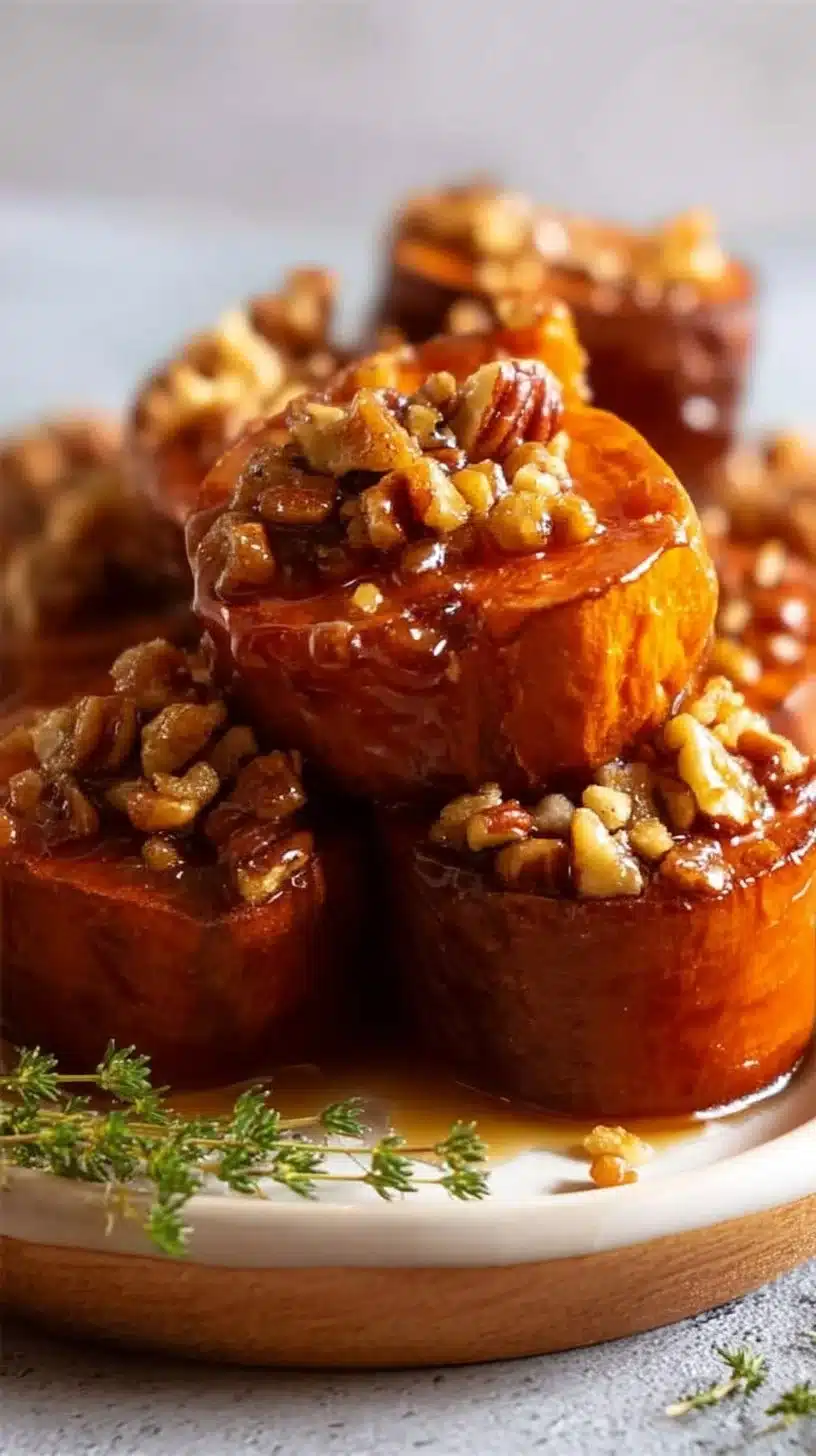 Fondant Slow-Roasted Sweet Potatoes with Maple Butter Pecans 1 Fondant slow-roasted sweet potatoes with maple butter pecans on a plate.