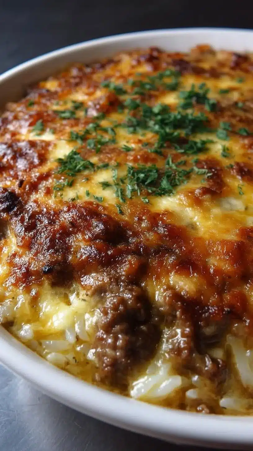 French Onion Ground Beef and Rice Casserole 1 French onion ground beef and rice casserole topped with melted cheese