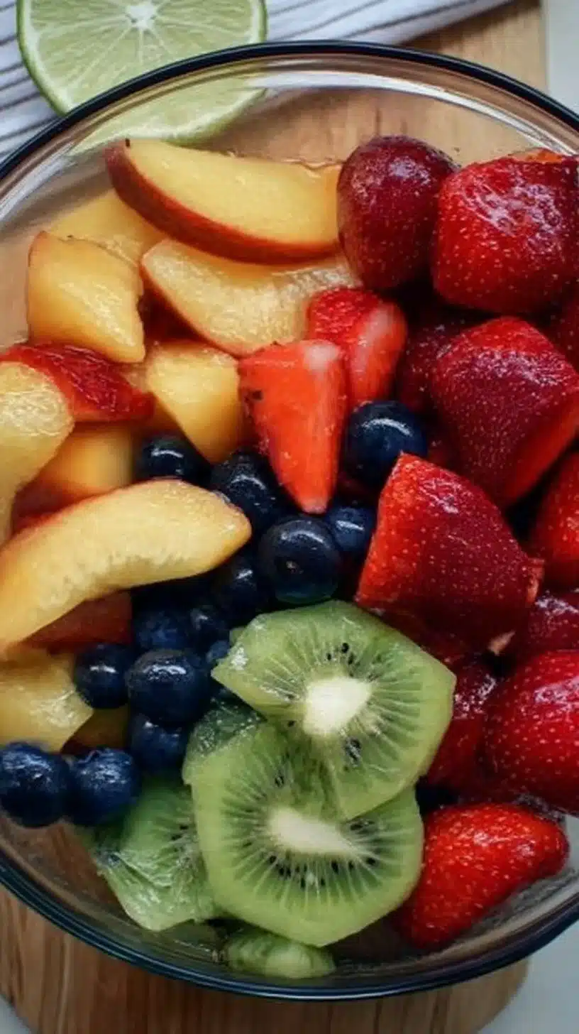 Colorful fruit salad drizzled with honey lime dressing served in a bowl