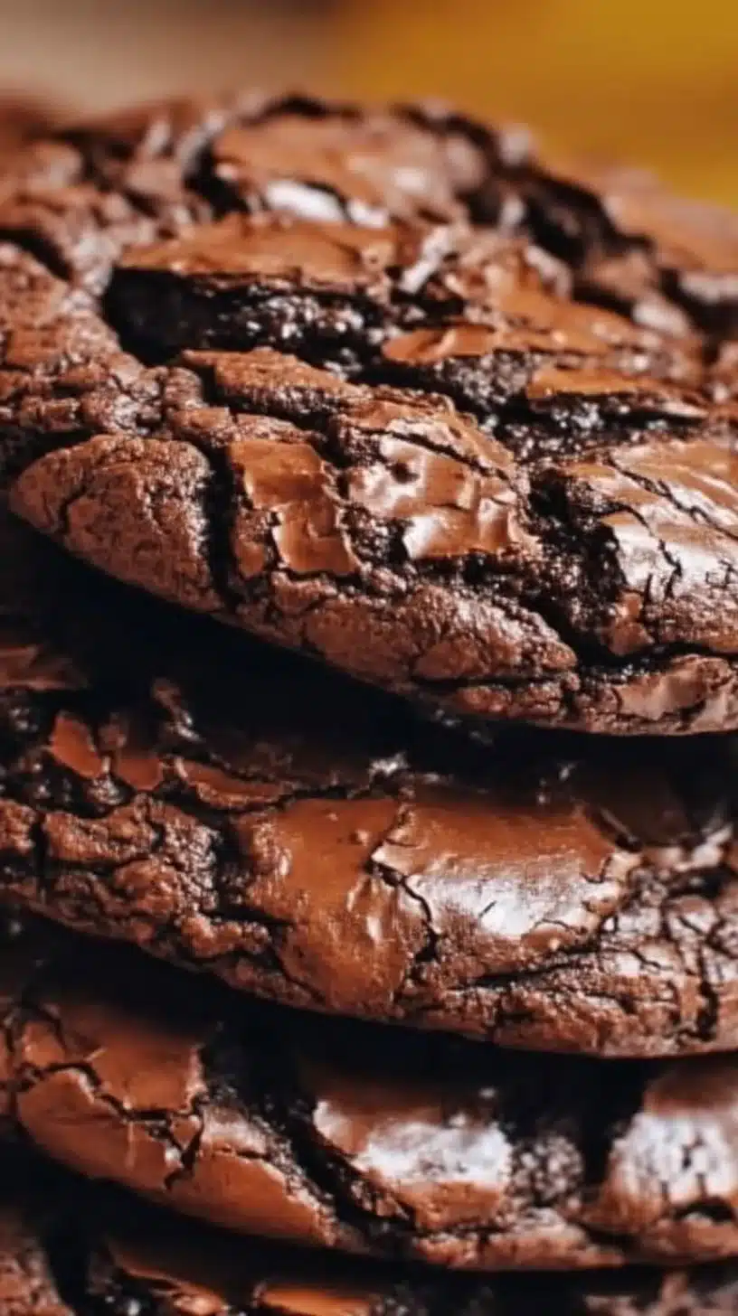 Fudgy Brownie Cookies 1 Delicious fudgy brownie cookies stacked on a plate with chocolate chips.