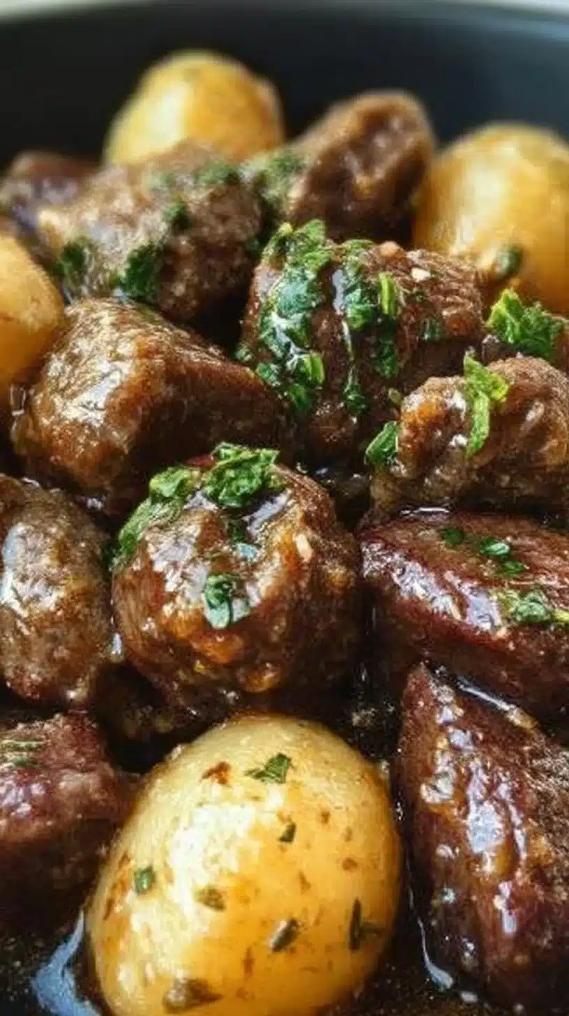 Garlic Butter Beef Bites served with golden potatoes on a plate