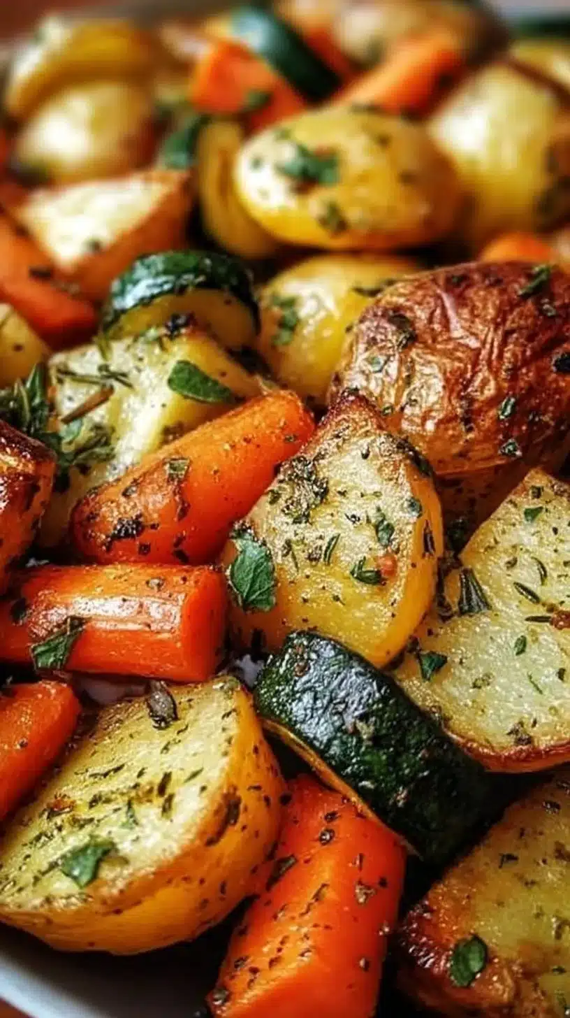 Garlic Herb Roasted Potatoes, Carrots, and Zucchini 1 Garlic herb roasted potatoes, carrots, and zucchini plated for a healthy meal