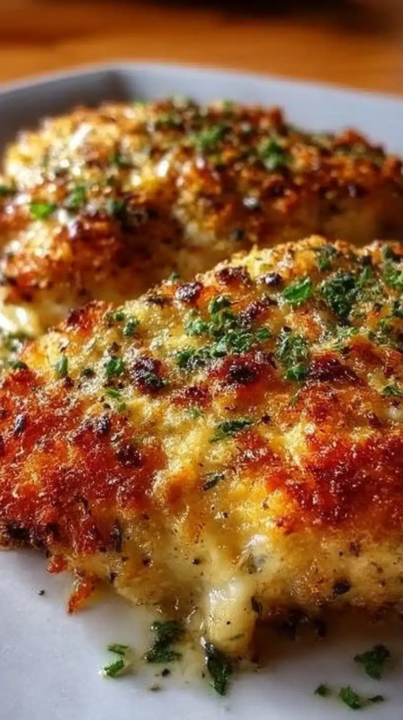 Garlic Parmesan Chicken Bake 1 Delicious Garlic Parmesan Chicken Bake fresh out of the oven garnished with herbs