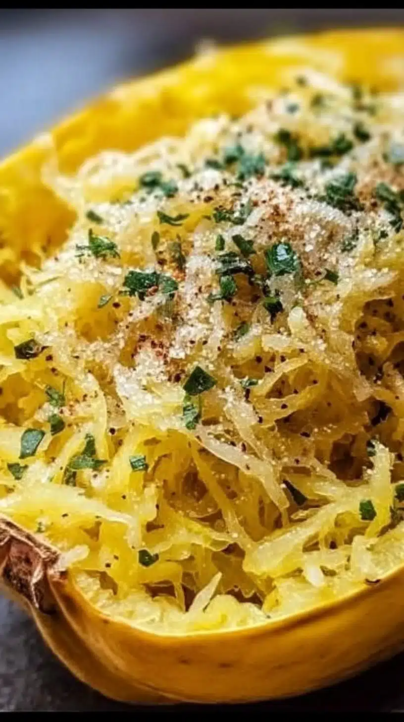 Garlic Parmesan Spaghetti Squash 1 Delicious Garlic Parmesan Spaghetti Squash served on a plate with herbs