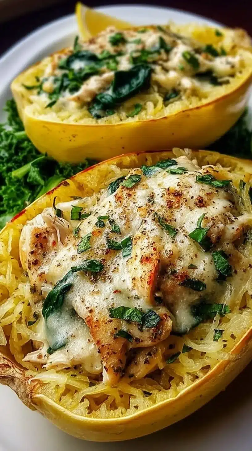 Garlic Parmesan Stuffed Spaghetti Squash with Chicken & Spinach 1 Garlic Parmesan Stuffed Spaghetti Squash filled with Chicken and Spinach