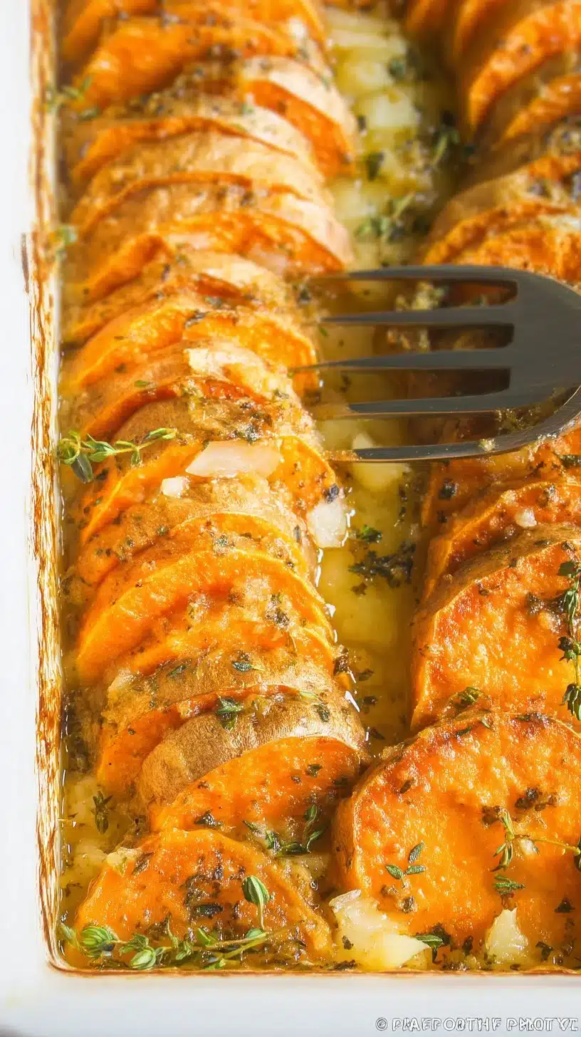 Garlic Thyme Sweet Potatoes 1 Garlic Thyme Sweet Potatoes served on a plate, garnished with fresh thyme.