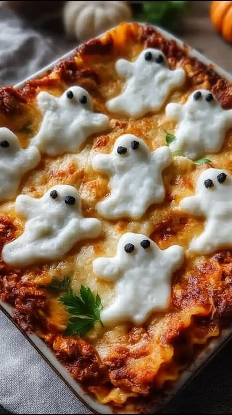 Ghostly Lasagna 1 Spooky Ghostly Lasagna served with decoration for Halloween dinner