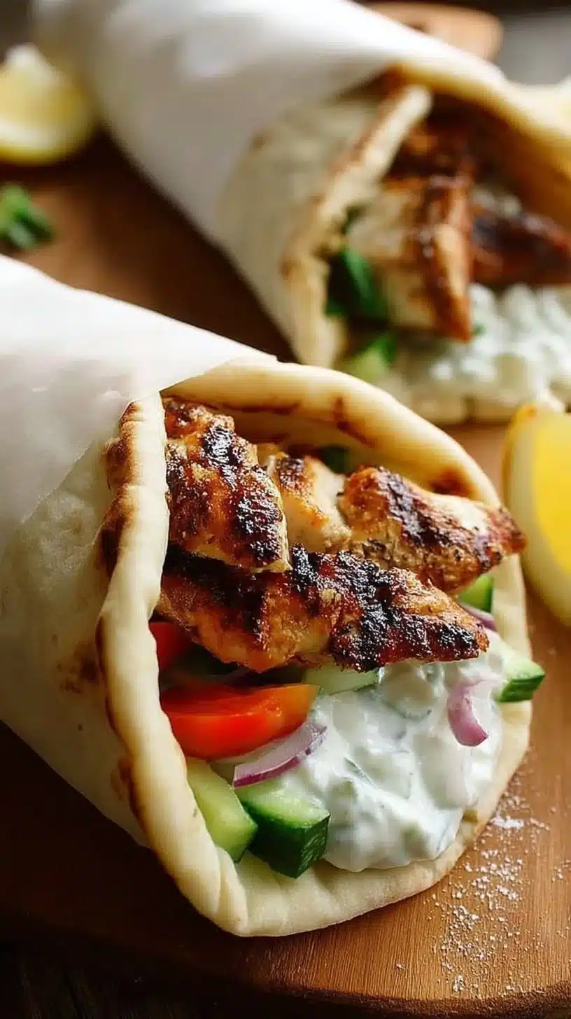 Delicious Greek Chicken Gyros served with creamy Tzatziki sauce