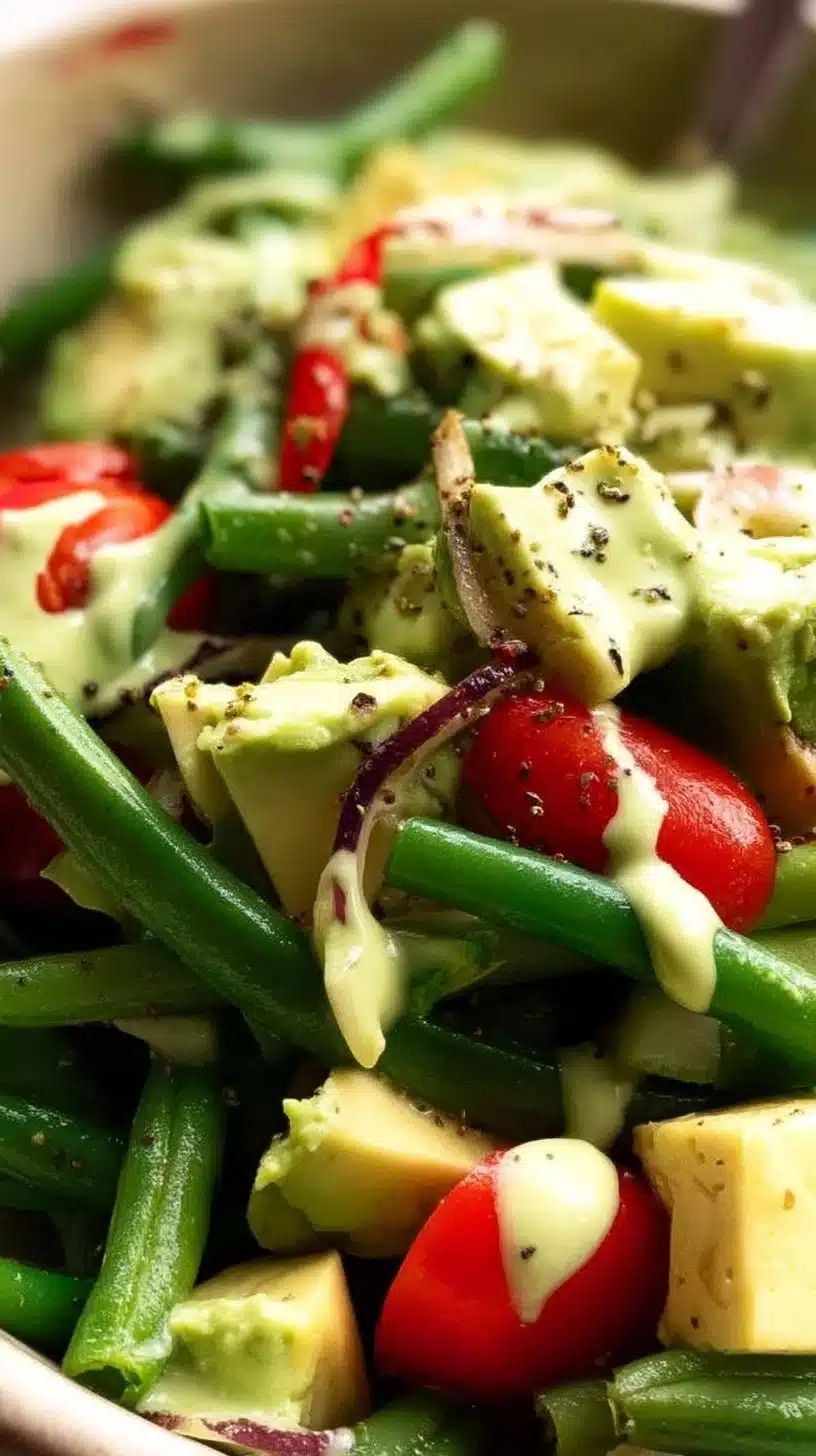 Green Bean Avocado Salad with Creamy Avocado Dressing 1 Green Bean Avocado Salad with creamy avocado dressing on a plate