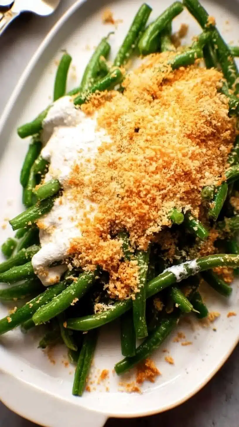 Green Beans with a Mountain of Panko 1 Plate of green beans topped with a mountain of crispy panko breadcrumbs