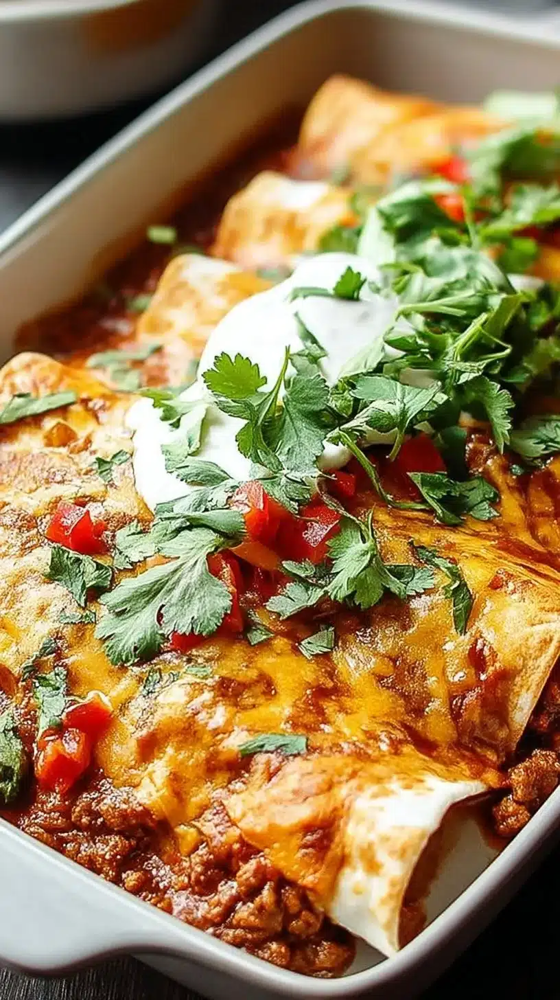 Ground Beef Enchiladas 1 Delicious ground beef enchiladas topped with cheese and fresh cilantro.