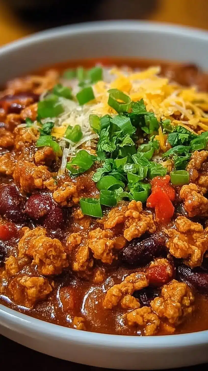 Bowl of Ground Chicken Chili with garnishes of cilantro and lime