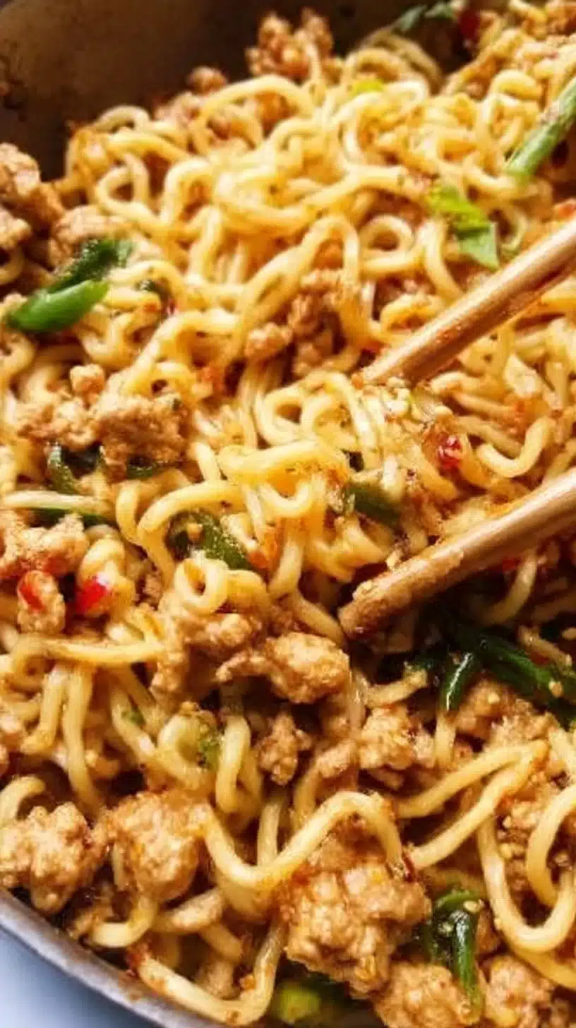 Delicious Ground Chicken Sweet Chili Noodles served in a bowl