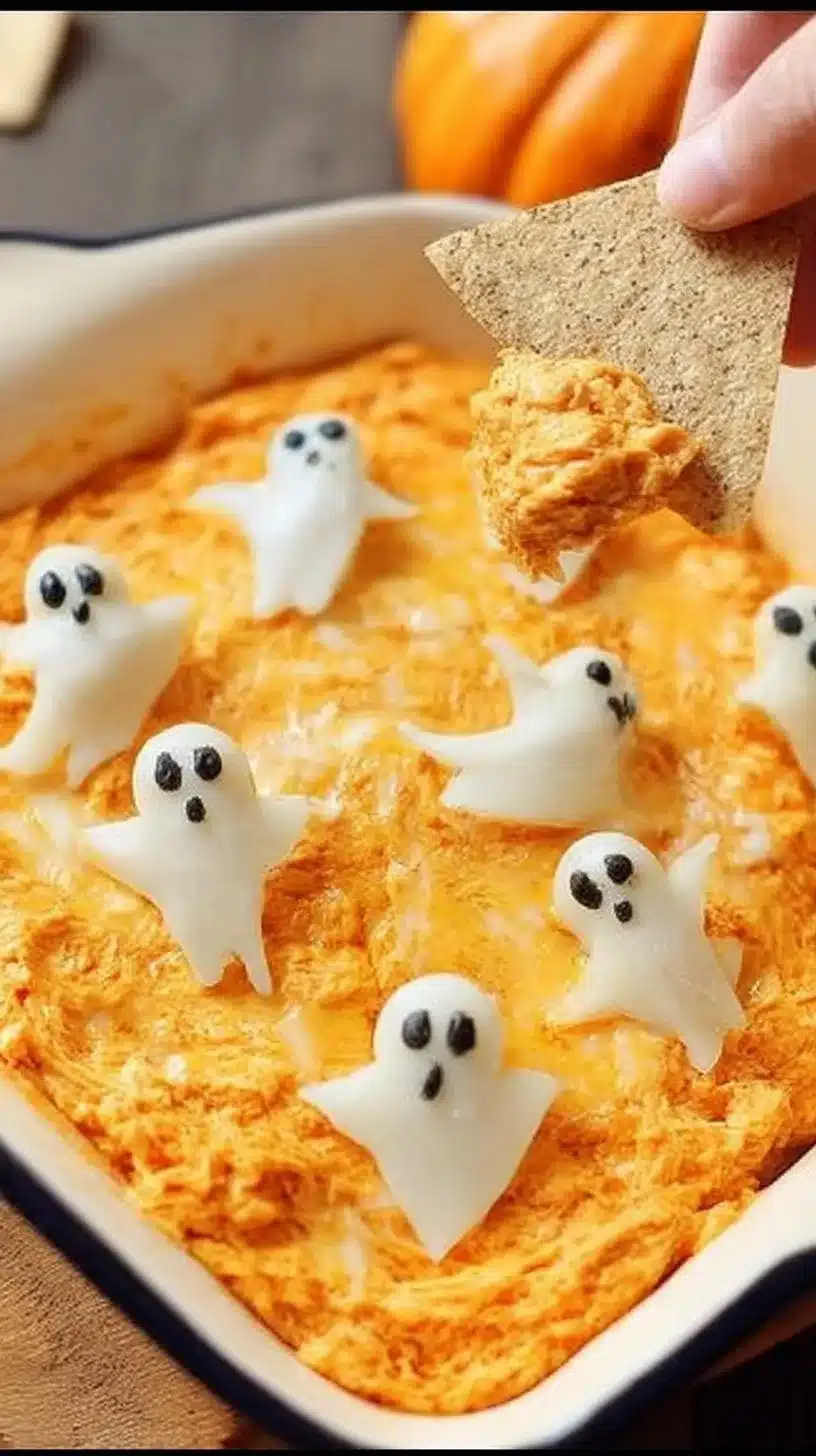 Halloween Buffalo Chicken Dip (Boo-ffalo Dip) 1 Halloween Buffalo Chicken Dip recipe served in a ghost-shaped bowl
