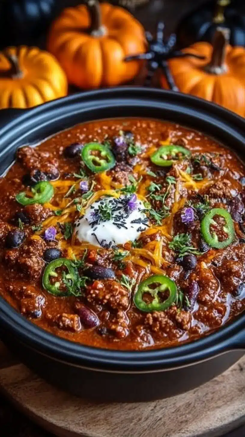 Halloween Chili Recipe: Easy Spooky Dinner Idea for Parties 1 A bowl of Halloween Chili garnished with spooky toppings for a festive dinner.