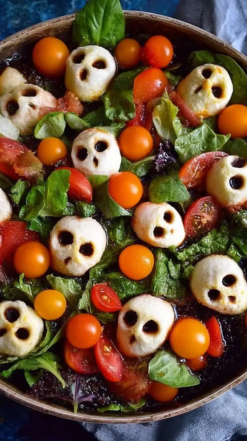 A colorful Halloween Salad featuring spooky ingredients like pumpkin and olives.