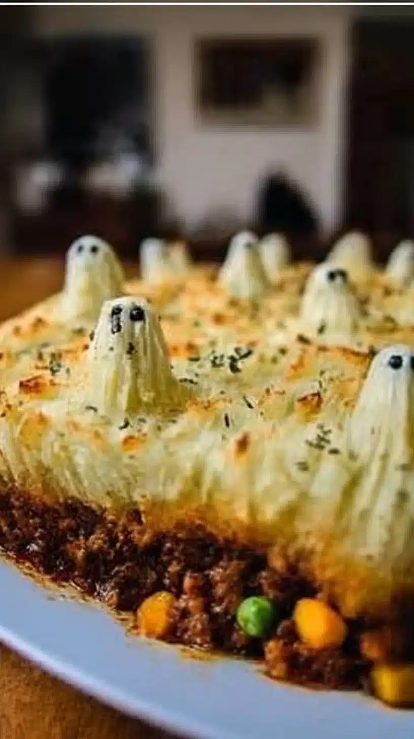 Haunted Shepherd's Pie with spooky decorations for Halloween dinner
