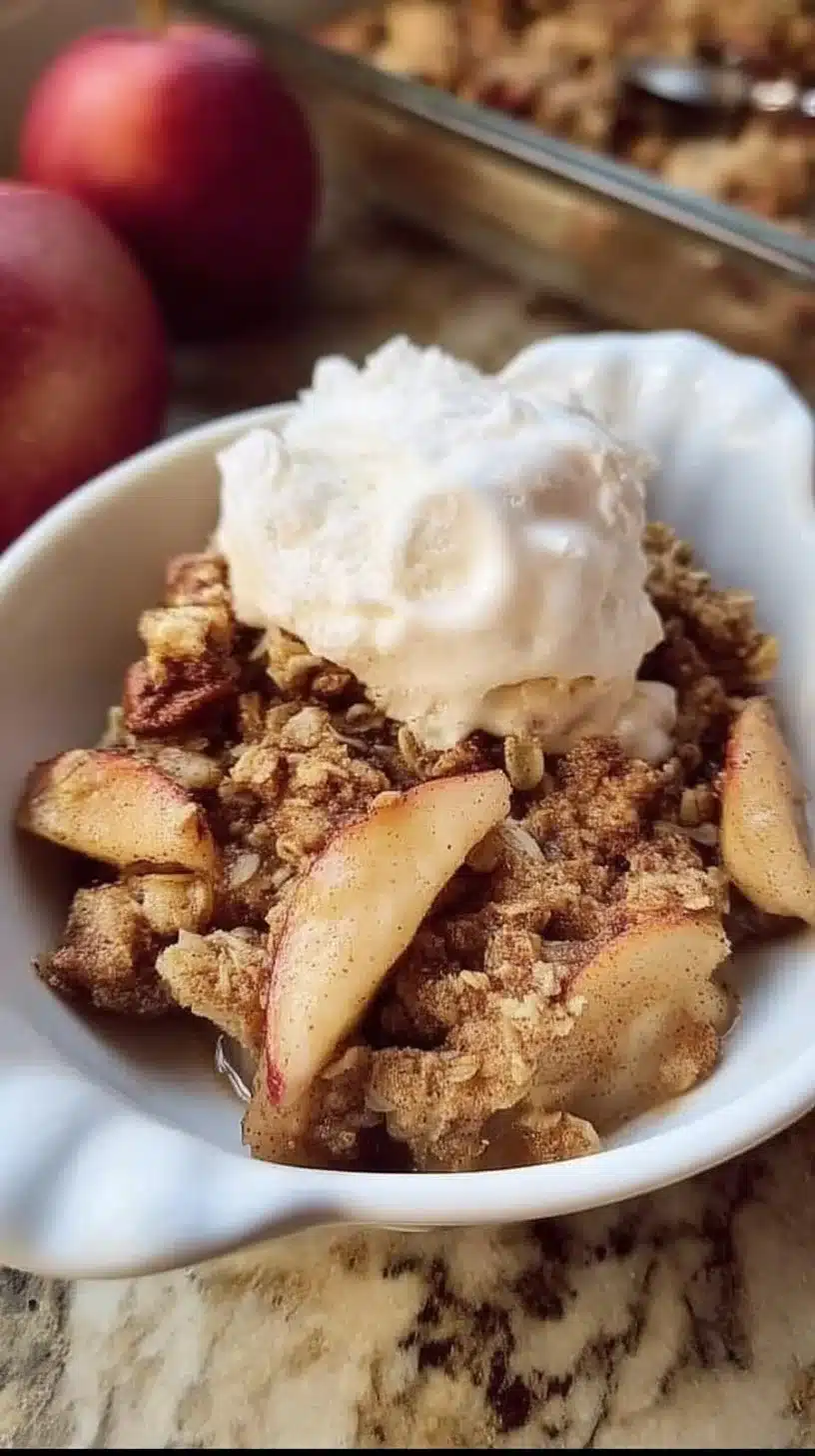 Healthy Apple Crisp 1 A bowl of healthy apple crisp topped with oats and cinnamon.