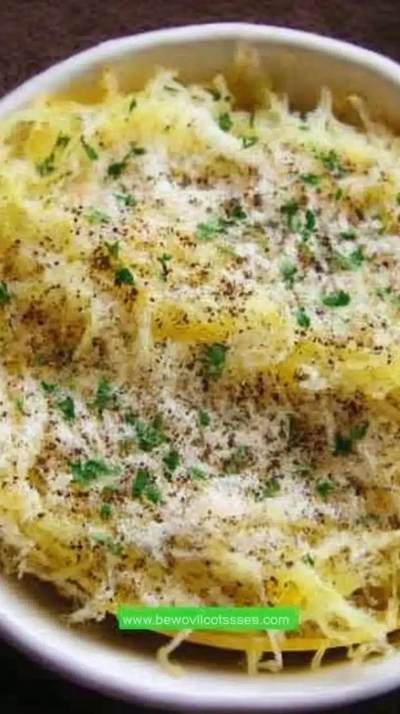 Healthy garlic parmesan spaghetti squash dish garnished with parsley