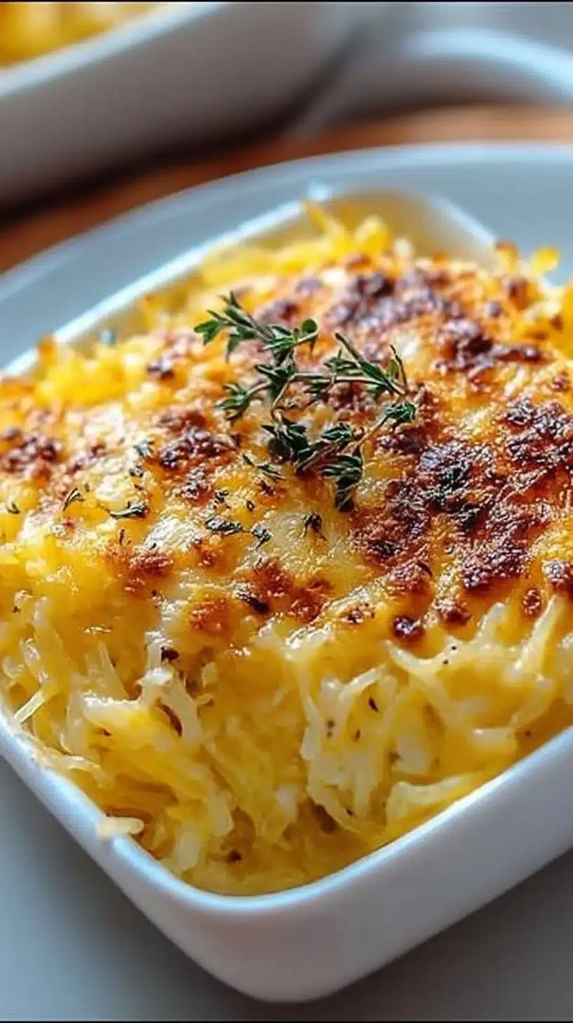 Healthy Spaghetti Squash Au Gratin 1 Healthy spaghetti squash au gratin with cheese and seasonings in a baking dish