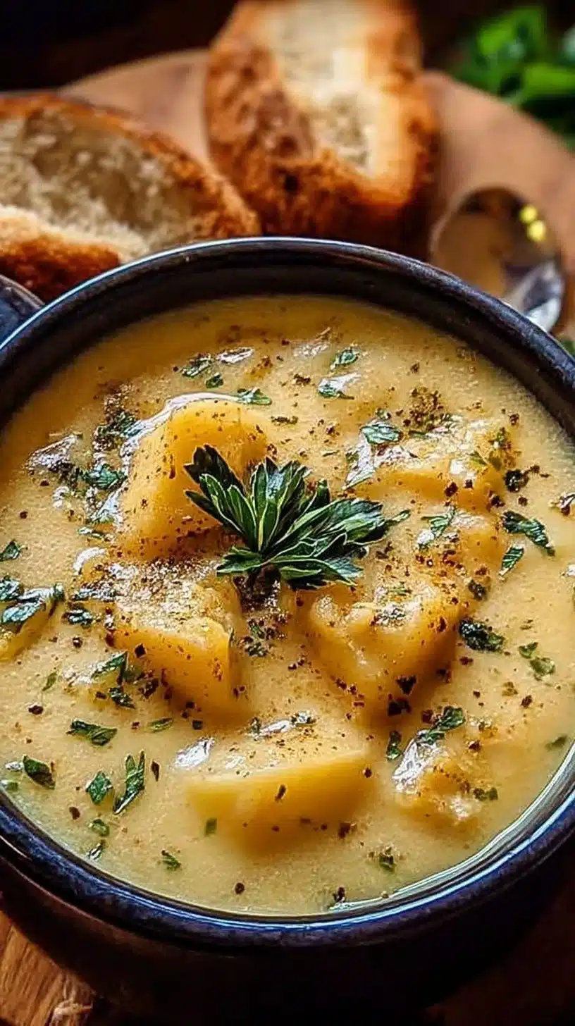 Hearty Cheddar Garlic Herb Potato Soup Recipe 1 Bowl of hearty cheddar garlic herb potato soup garnished with herbs