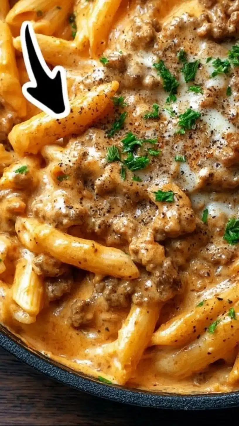 High Protein Creamy Beef Pasta Recipe for Quick Weeknight Dinners 1 Creamy beef pasta dish served in a bowl with fresh herbs and grated cheese