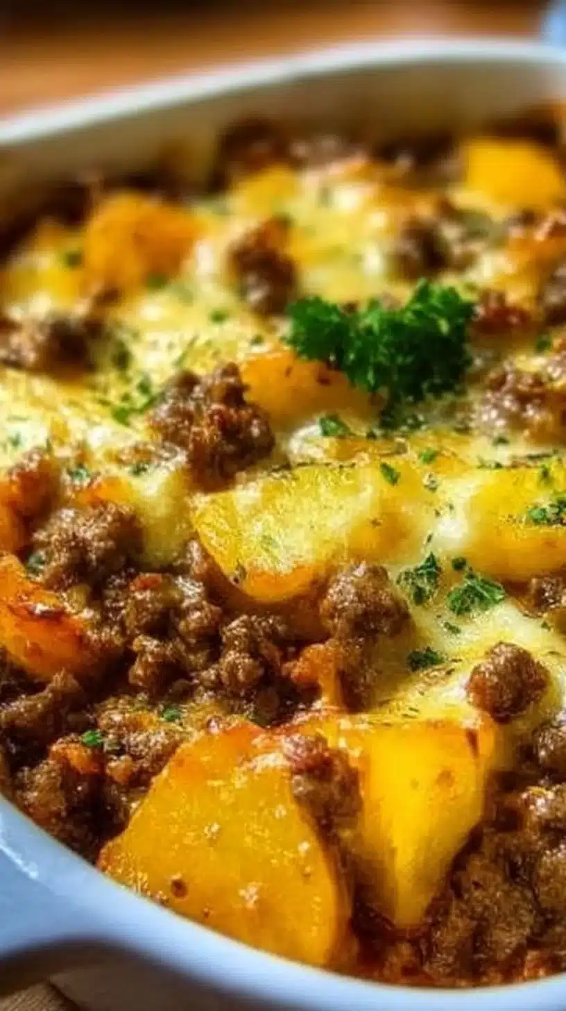 Hobo Casserole (Ground Beef Recipe) 1 Delicious Hobo Casserole made with ground beef and vegetables in a baking dish.