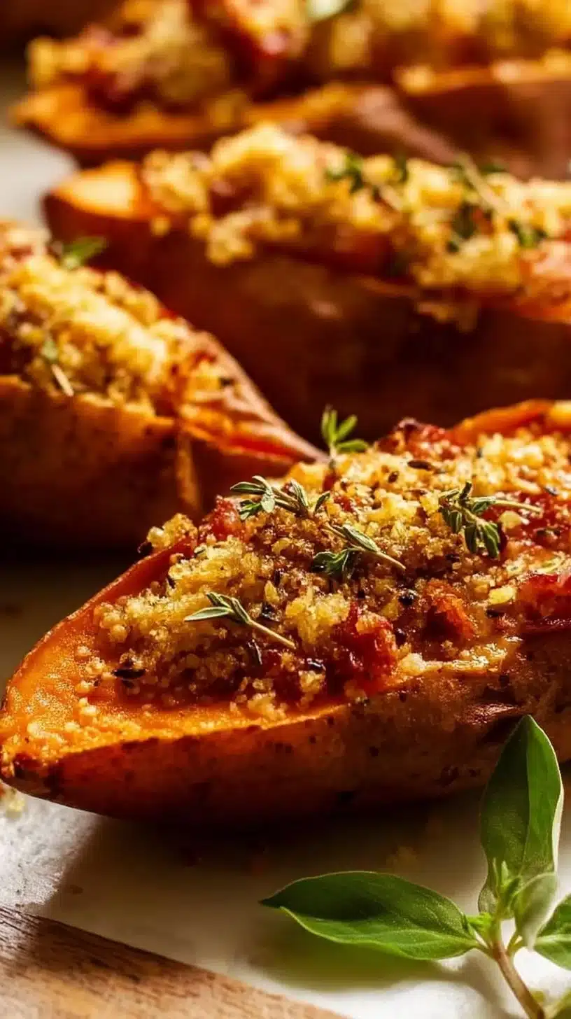Holiday Stuffed Sweet Potatoes Recipe 1 A beautifully plated holiday stuffed sweet potatoes topped with festive ingredients