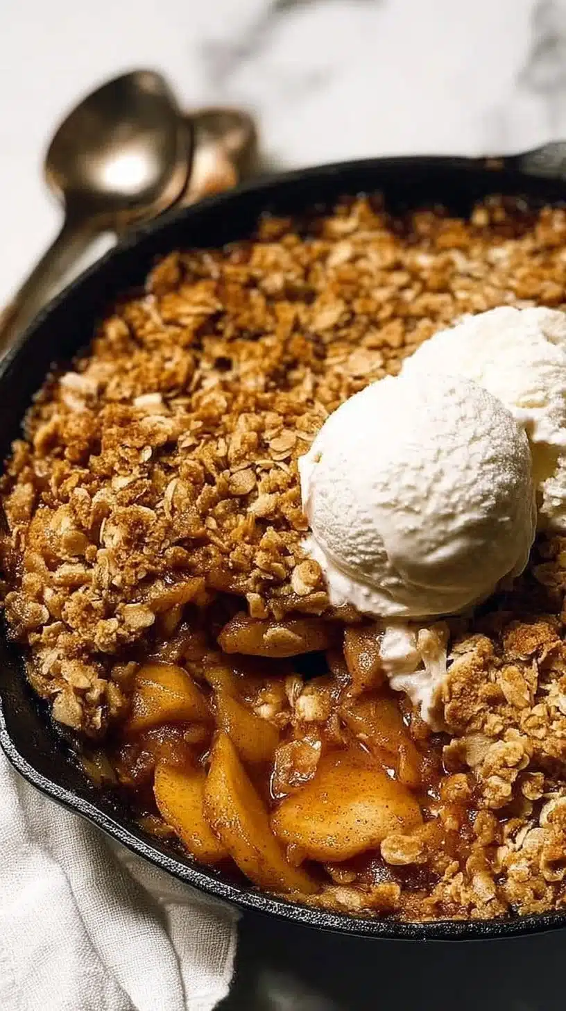Delicious homemade apple crisp served in a bowl with a scoop of ice cream.