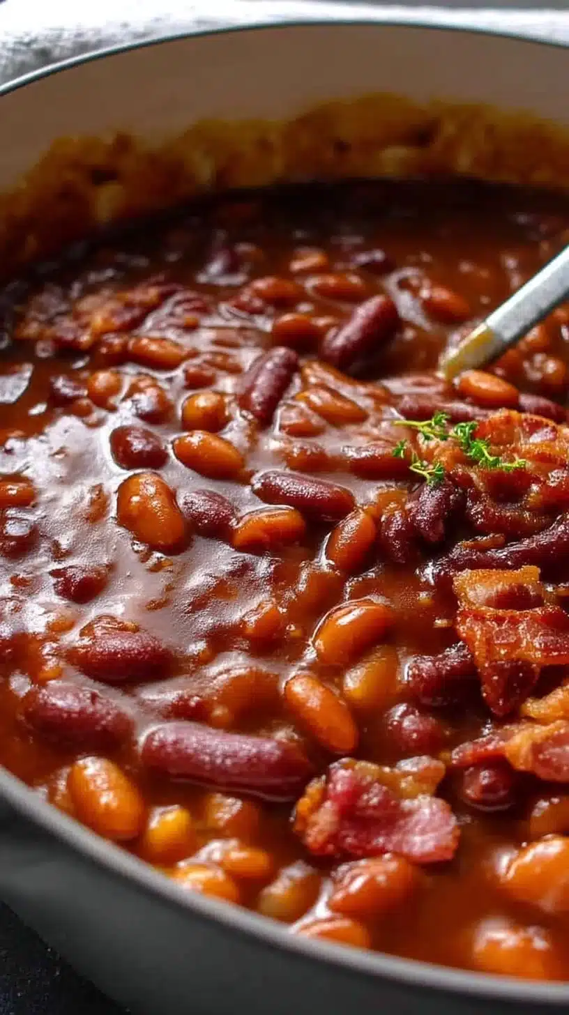 Homemade Baked Beans with Bacon (Southern) 1 Delicious homemade baked beans with bacon served in a bowl