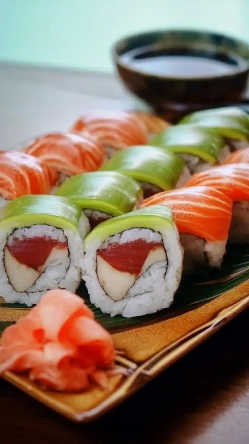 Homemade Sushi Rolls 1 Homemade sushi rolls with fresh ingredients ready to serve.