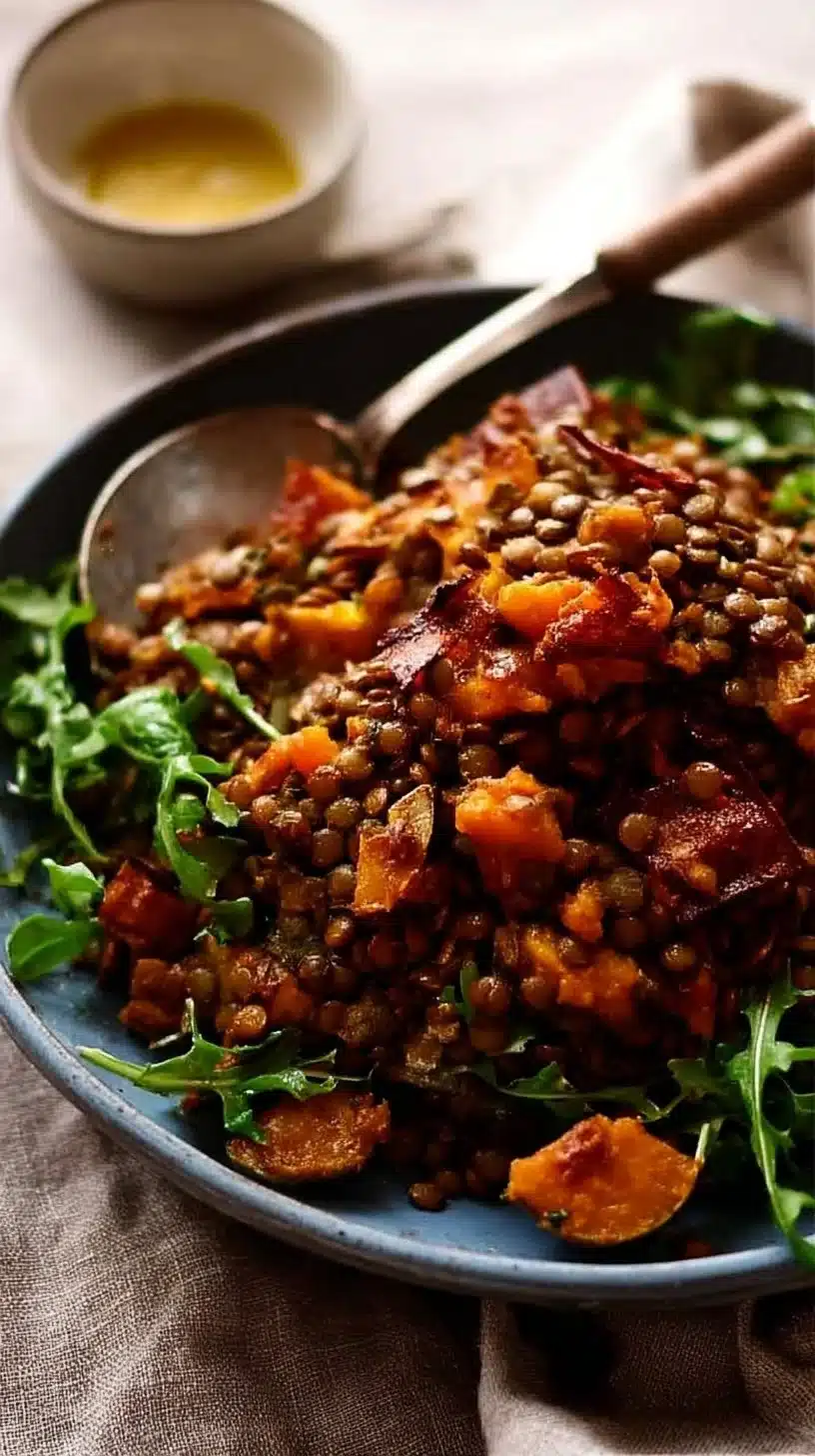 Honey-Cinnamon Pumpkin Lentil Salad 1 Honey-Cinnamon Pumpkin Lentil Salad topped with walnuts and fresh herbs