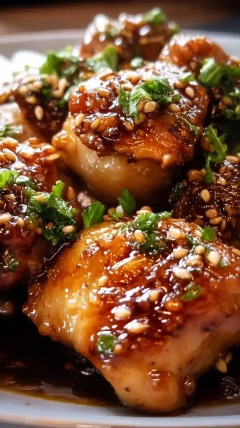 Honey Garlic Chicken 1 Delicious Honey Garlic Chicken served on a plate with vegetables.