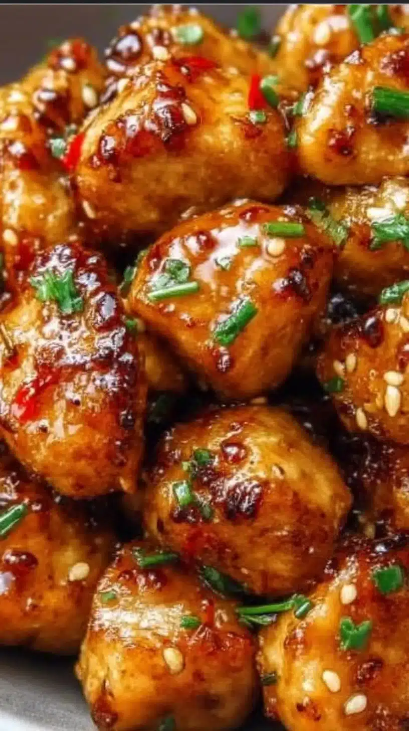 Honey Garlic Chicken Bites 1 Delicious Honey Garlic Chicken Bites served on a platter with garnishes
