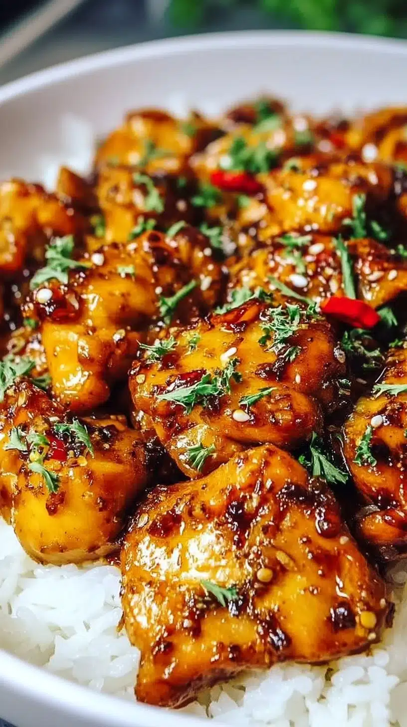 Honey Garlic Chicken Thighs 1 Honey Garlic Chicken Thighs with a sweet glaze served on a plate.